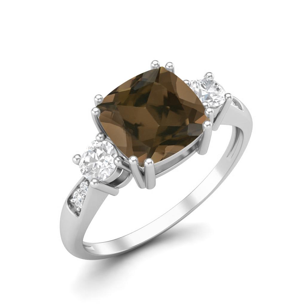 7mm Cushion Smoky Quartz 925 Sterling Silver Three Stone Women Engagement Ring
