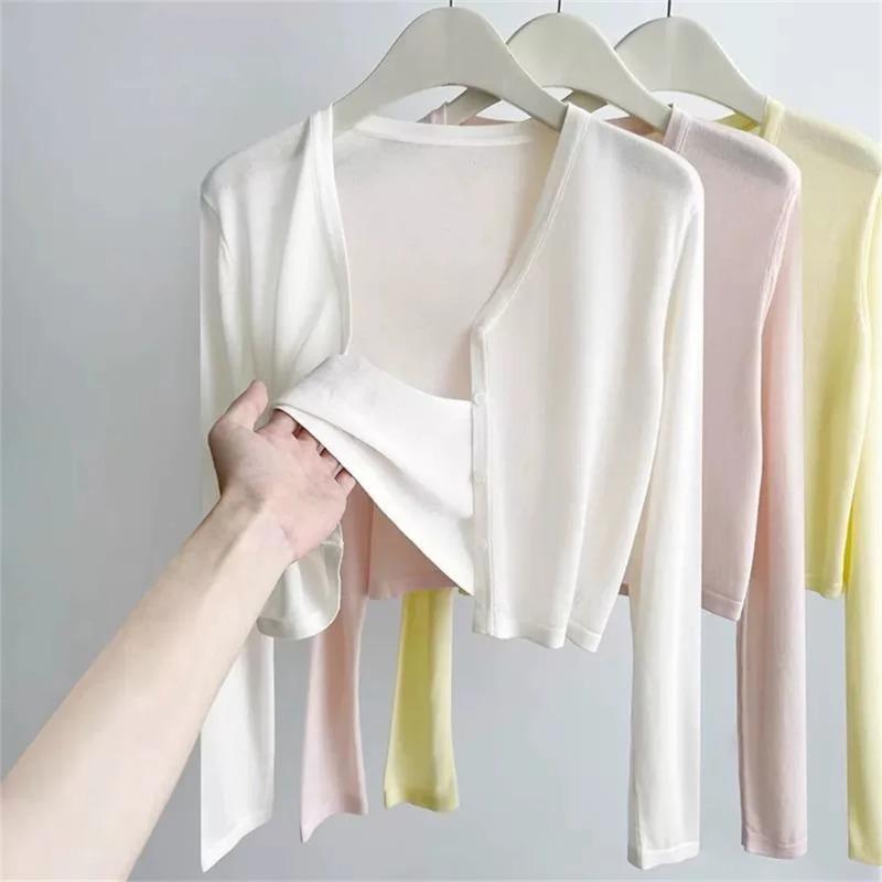 

Korean Women s Clothing Ice Silk Protection Summer Outerwear Women s Fashion Air Conditioner Cover Up V Neck Short Coat XL білий