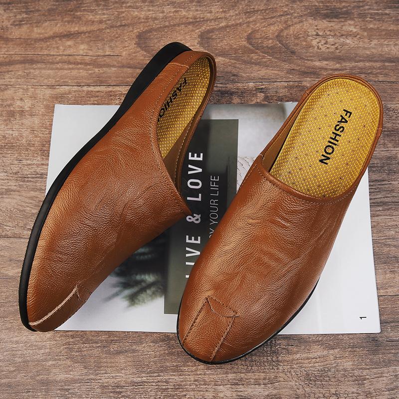 Fashion Comfy Mens Mules Shoes Italian Men Slippers Genuine Leather Loafers Casual Outdoor Non-slip Half Slipper Lazy Shoes