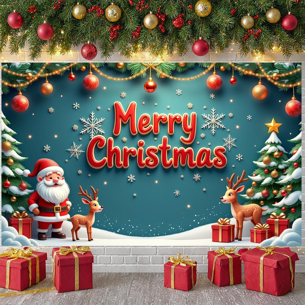Holiday Banner Gold Ornament Xmas Display Festive Banner Reindeer Xmas Backdrop For Christmas Party Indoor Celebration Office