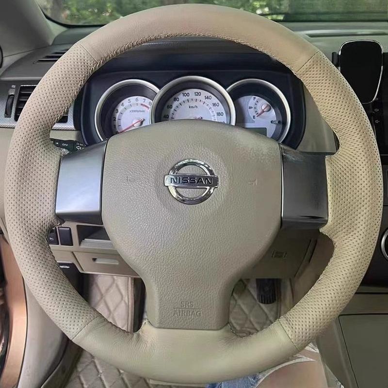 Для Nissan Tiida Versa Note Livina Sylphy Ручная прошивка Нескользящий Бежевый Кожаный Чехол на Руль Автомобиля 1