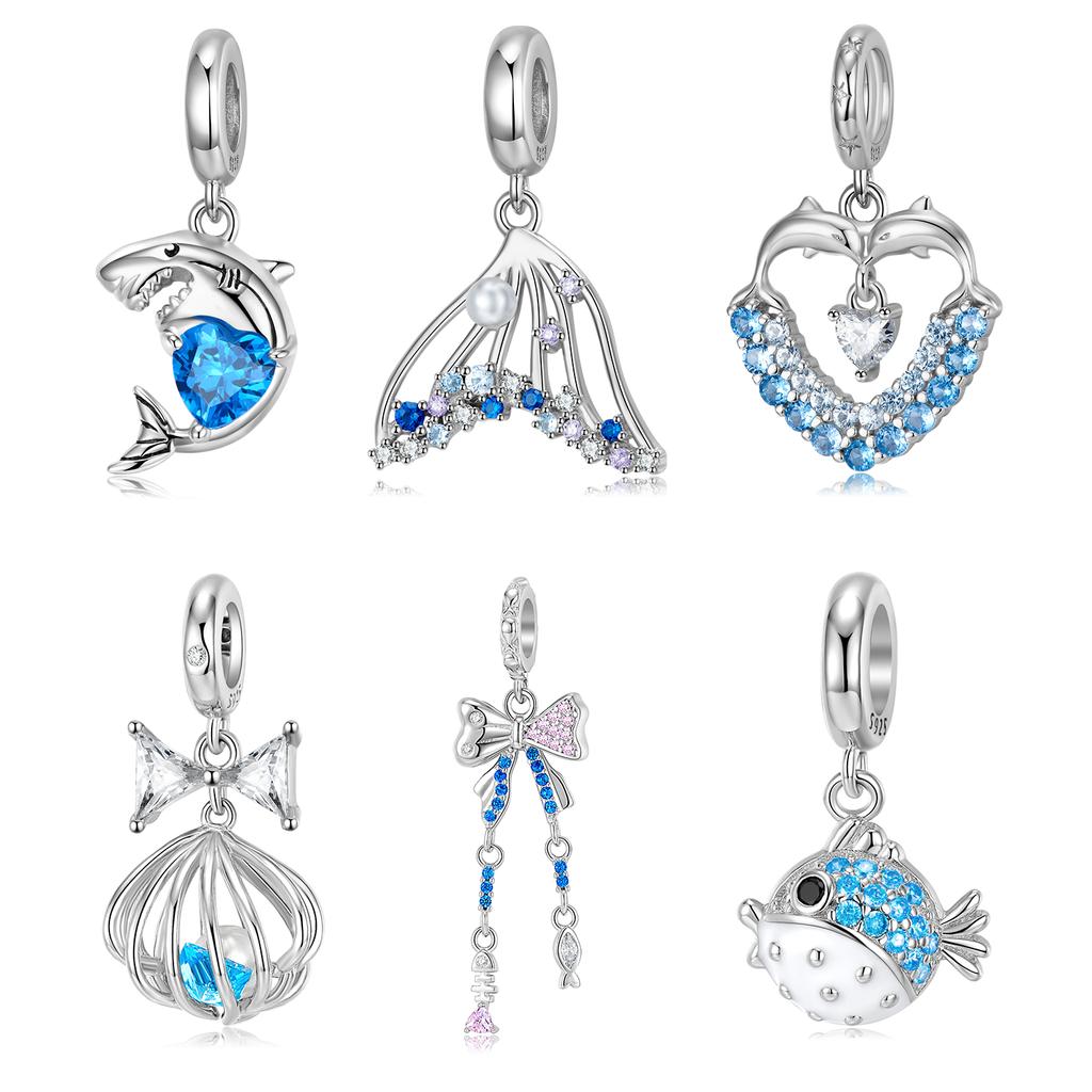 Genuine 925 Sterling Silver Blue Sea World Shark Embrace Love Heart Dolphin Collection Charms Love Pendant Fit for Charm Bracelet Beads