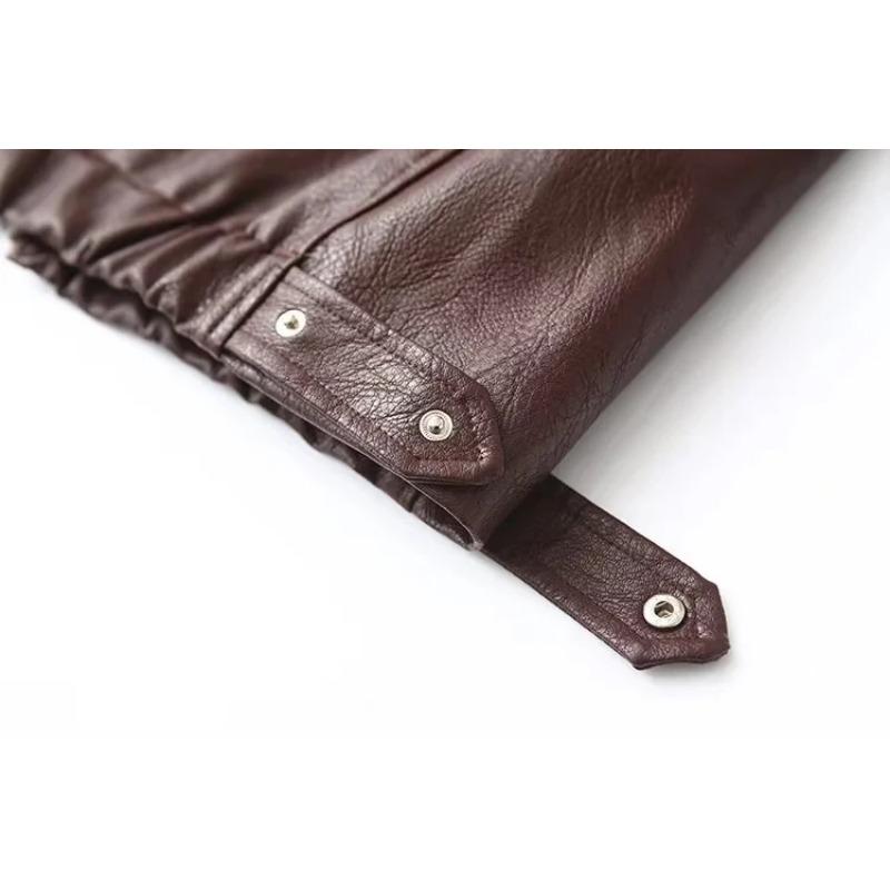 Vintage Solid Color Lapel Zipper Leather Outwear Casual Long Sleeved Elastic Short Women Coat Fall Commuting Street Jacket