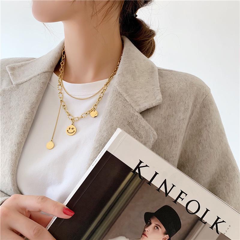 Double Layer Smiley Face Clavicle Necklace - Trendy Titanium Steel Hip Hop Chain for Women