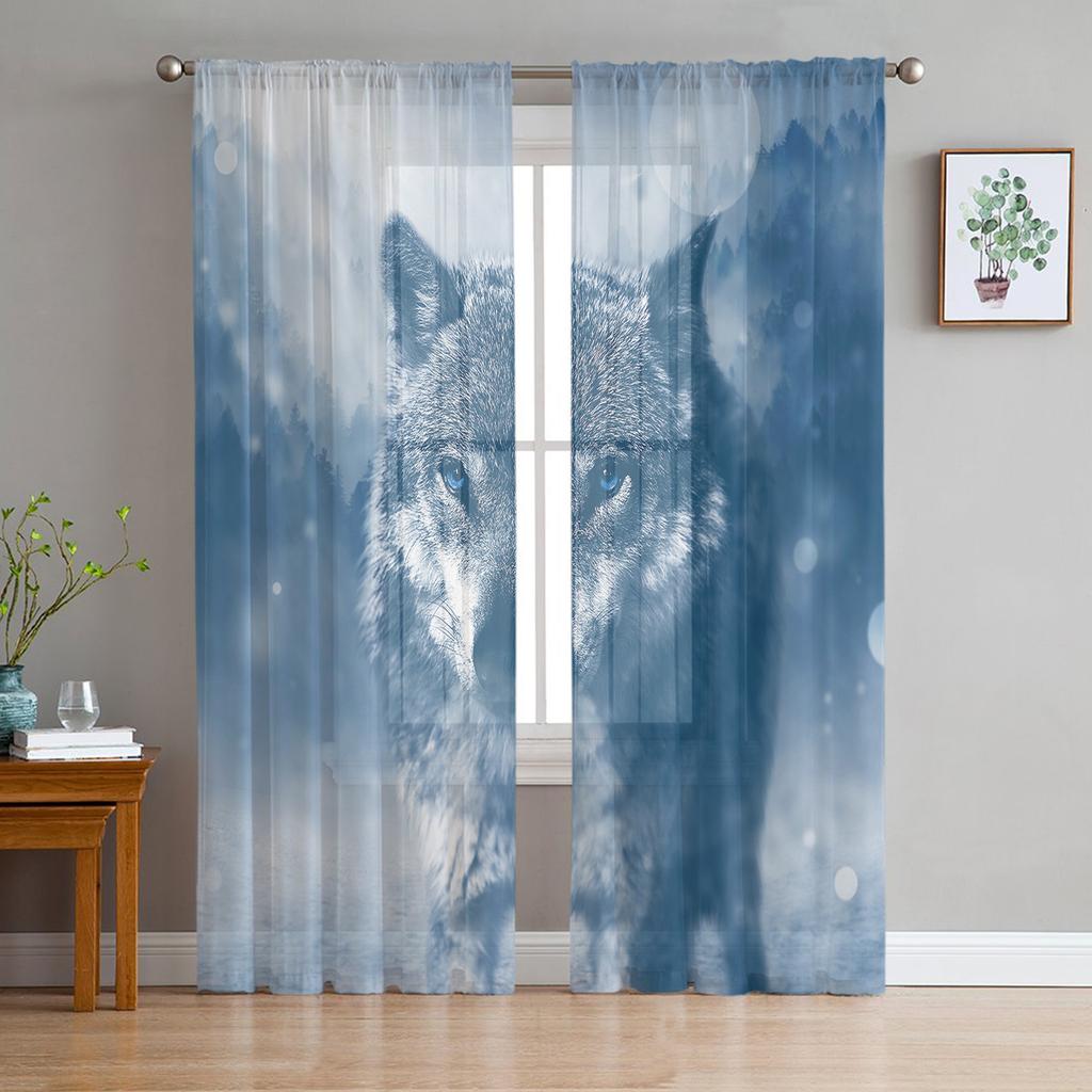 Wolf Forest Animal Tylové závěsy do obývacího pokoje Voile Průsvitný okenní závěs do ložnice Šifonové závěsy do kuchyně