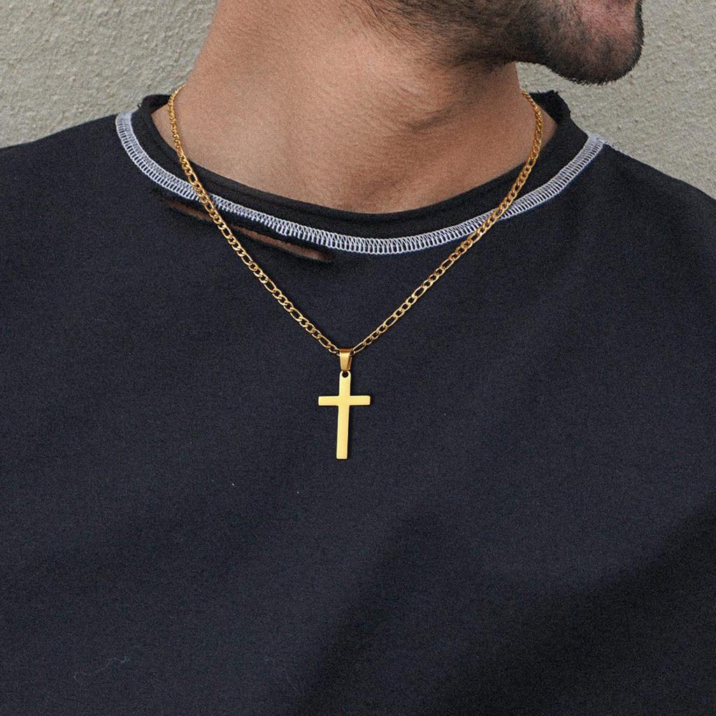 18k Gold Stainless Steel Men's Figaro Chain Necklace with Black, Silver, and Gold Cross Pendants