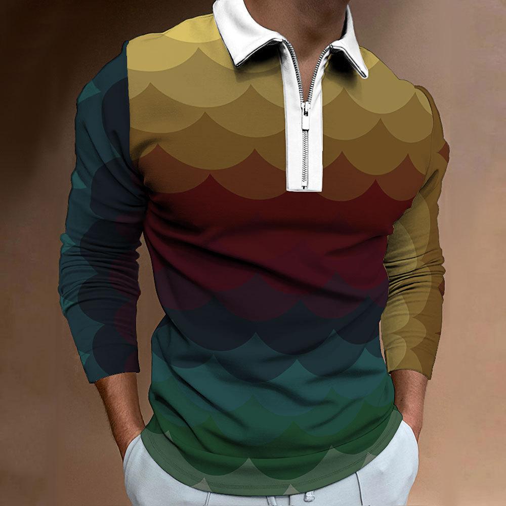 New Men's Zip Casual Men's Digital Printed Long Sleeve Polo Sweatshirt