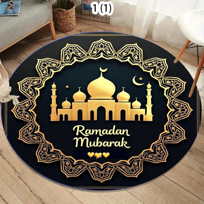 Luxury Islamic Round Area Rug with Golden Mosque Lantern Moon Star Print Decorative Floor Carpet for Ramadan Home Decor