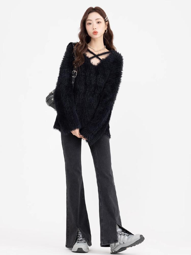 Zimowy sweter z dekoltem w serek dla kobiet Delikatne paski Luźny Słodki Leniwy Styl Pulower Dzianina Irregularny Japoński Styl Moda Dzianinowy Top