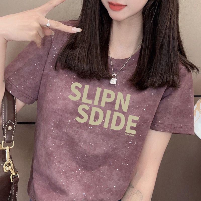 

Женская облегающая футболка с пайетками горячей штамповки - Модный летний топ с коротким рукавом S (suggested for under 90 jin) темно-фиолетовый