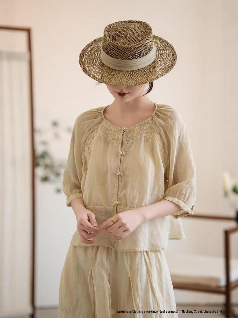 Women's Artistic Embroidered Linen Shirt - Summer 2026, Round Neck, Pleated, Loose Fit, 3/4 Sleeves, Chinese Style.