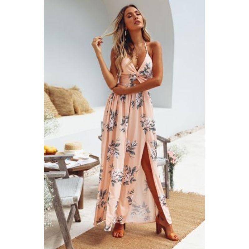 

Sexy V Necktie Sling Long Dress Woman Sexy V-neck Camisole Dress Female Pink 2XL