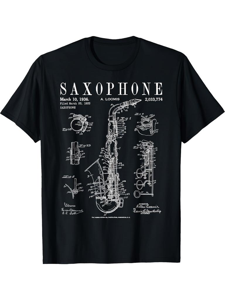 Vintage Saxophone Patent Drawing Jazz Music TShirt 100 Cotton ONeck Short Sleeve Summer Casual Unisexs Tshirt Streetwear