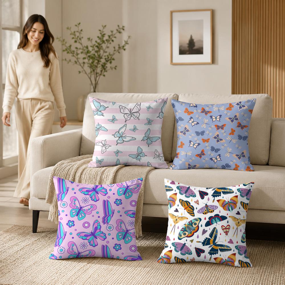 Butterfly Pattern Cushion Cover Silky Short Plush Invisible Zipper Dustproof Sofa Pillow Case For Home Decor