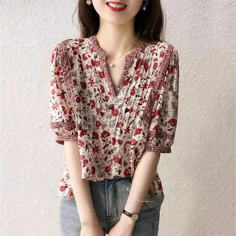 Women s Floral Print V Neck Short Sleeve Blouse M красный