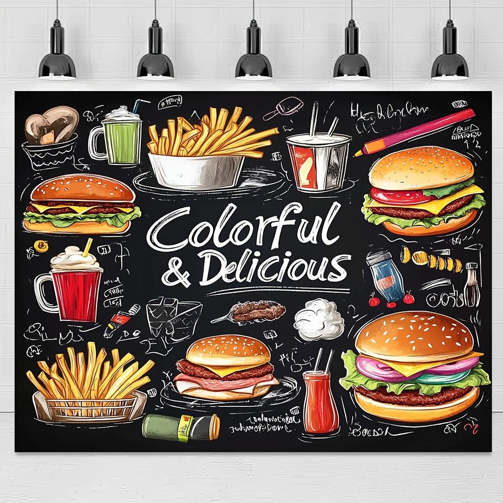 1 brightly painted burger and fries scene backdrop - machine washable perfect for holiday portraits and decorations