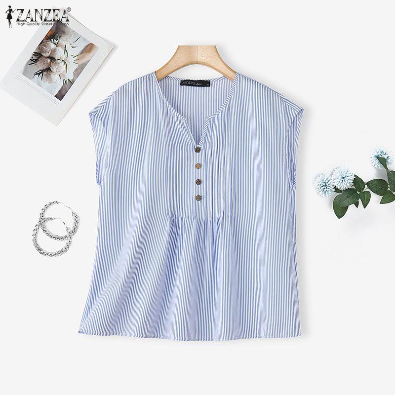 ZANZEA Women Casual V-Neck Sleeveless Stripe Tank Tops