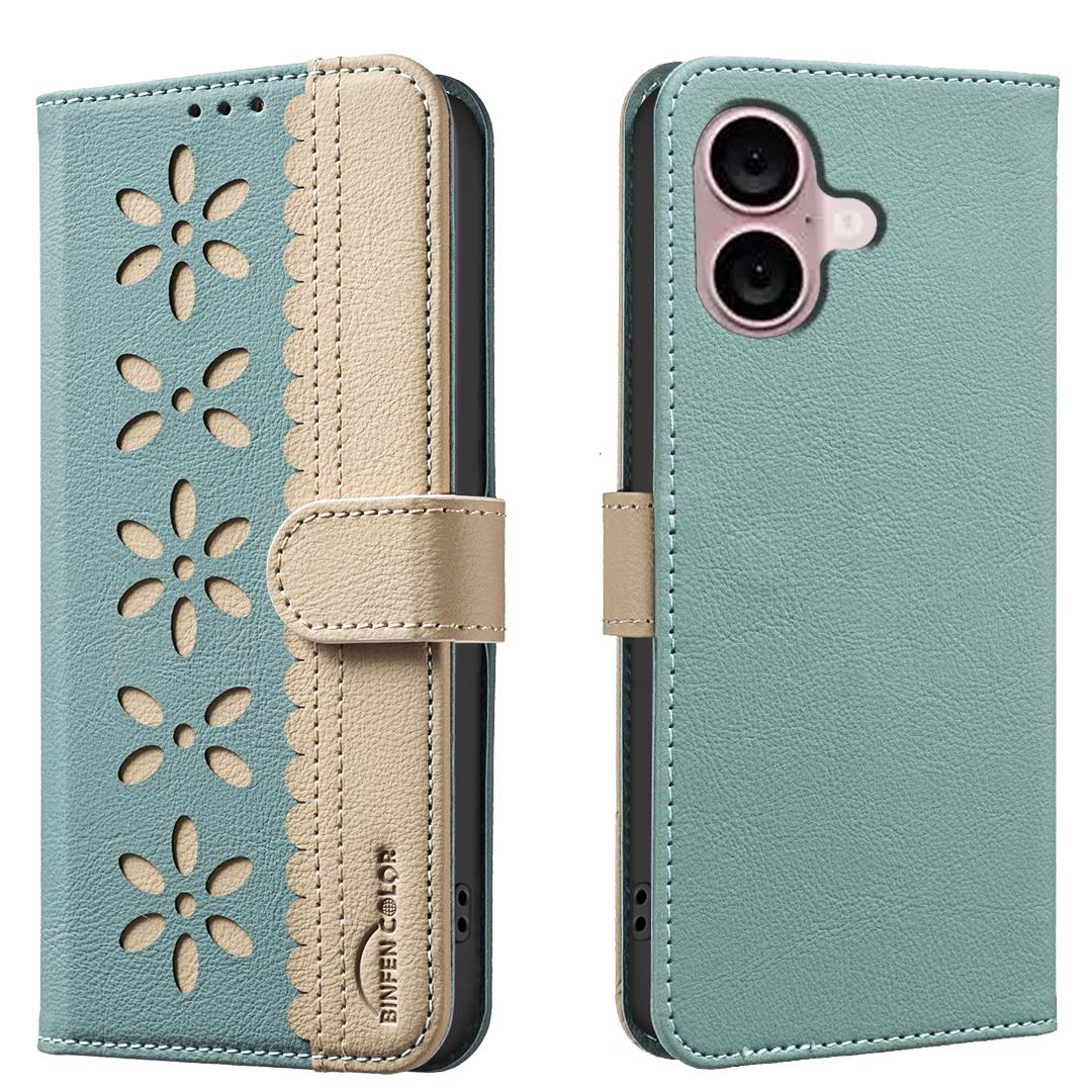 

For iPhone 16 Leather Case BINFEN COLOR BF36 Floral Pattern Phone Cover RFID Blocking Wallet Stand C