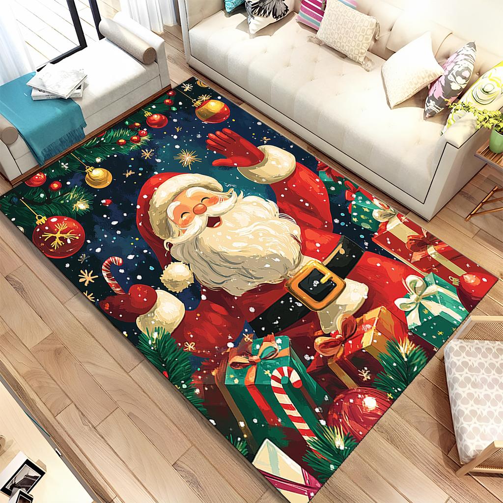 Cute Santa Claus Cartoon Merry Christmas Tree Festival Gift Carpet Rug for Living Room Bedroom Home Sofa Decoration,Non-slip