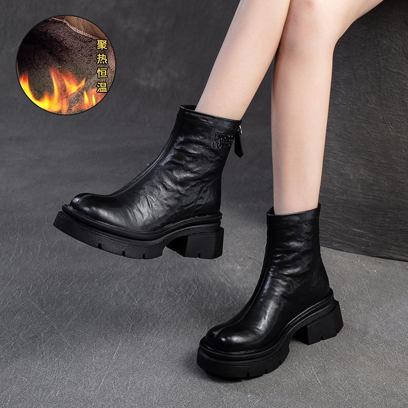 Fashion GKTINOO Genuine Leather Ankle Boots Women Shoes 2025 New Autumn Winter Round Toe Square Heel Zip Handmade Leisure Women Boots
