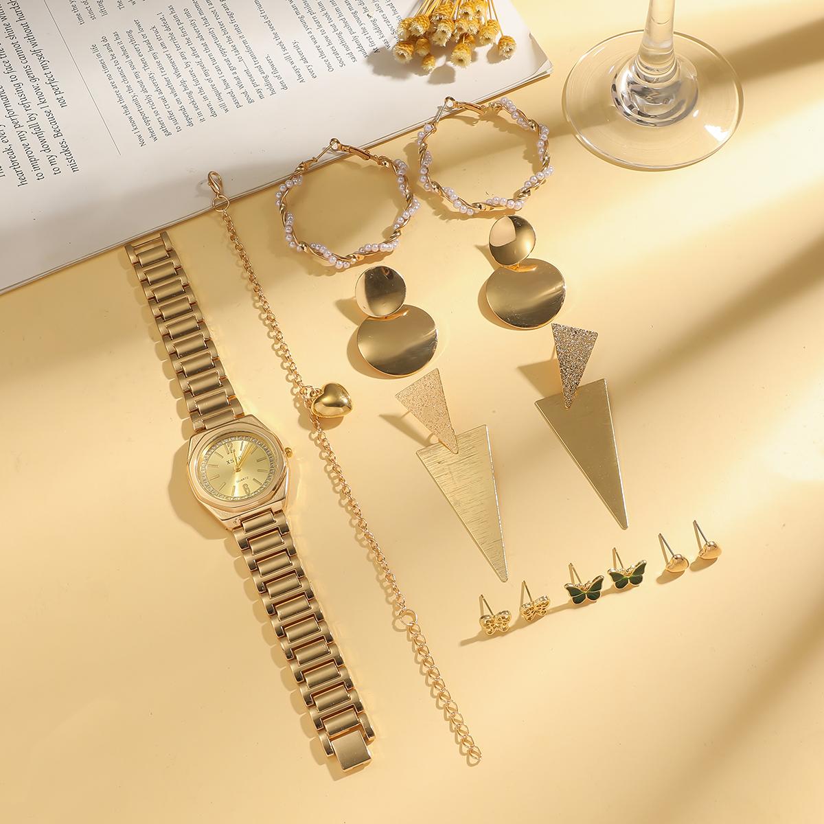 

Simple and Fashionable Diamond Dot Scale Round Dial Steel Band Women s Quartz Watch Set of 14, Suitable for Christmas and Hallow золотой