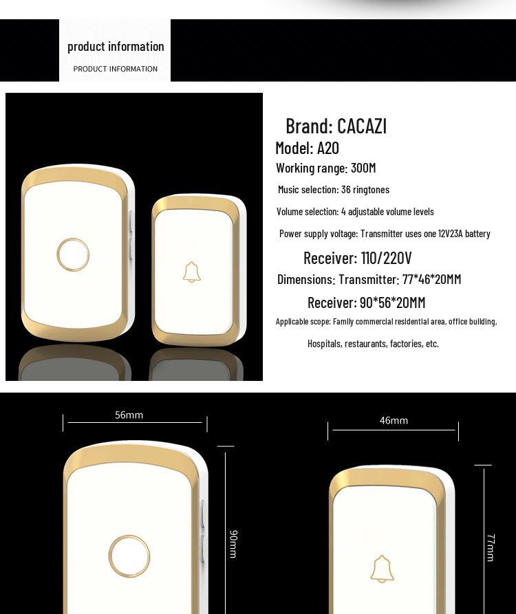 Kajia Si Wireless Smart Doorbell: Waterproof Dual-Function AC Digital Door Chime with Music