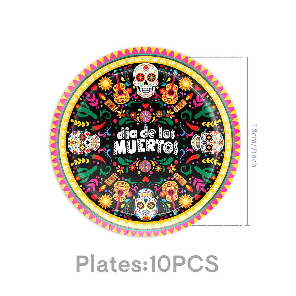 Mexican Day Of The Dead Party Decor Banner And Tableware Set With Paper Plates For Festive Celebrations