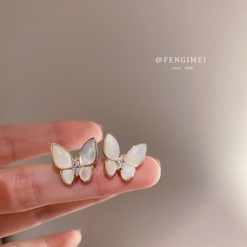 Silver Needle Mother-of-pearl Zircon Butterfly Earrings Sweet and Fashionable Temperament Earrings All-match Earrings
