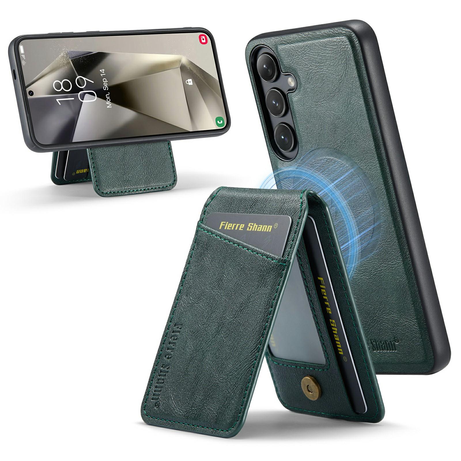 

FIERRE SHANN 025 Style For Samsung Galaxy S25+ Case Leather+TPU Detachable Card Slots Phone Cover Green