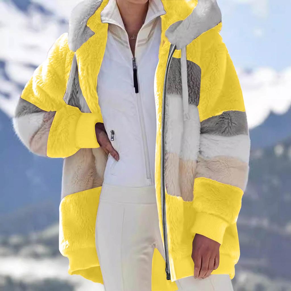 Women's Fashionable Warm Fleece Solid Color Patchwork Hoodie Zipper Pocket Casual Jacket