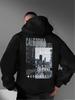 Black and White City Street Scene Back Large Print Loose Hooded Sweater Men and Women Casual Pullover