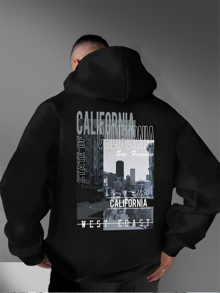 Black and White City Street Scene Back Large Print Loose Hooded Sweater Men and Women Casual Pullover