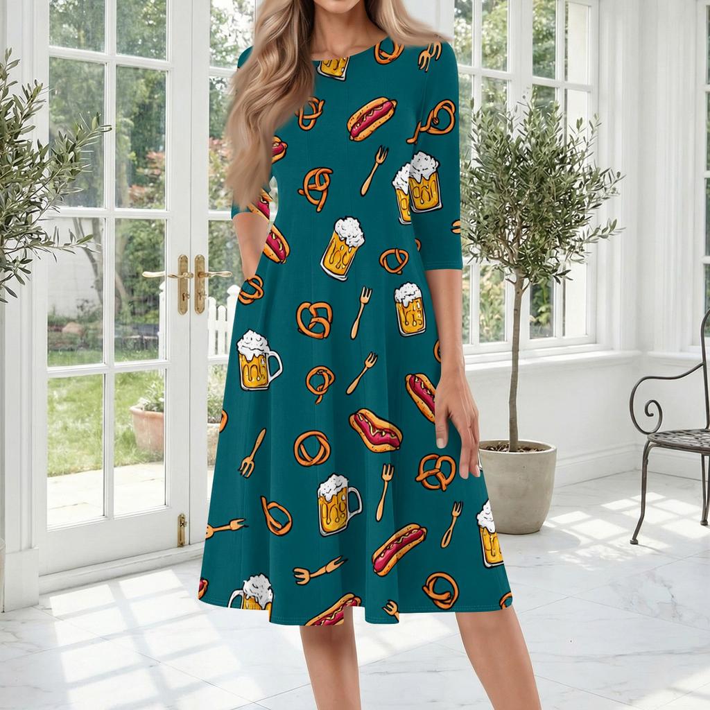 Casual Mid-Length Dress with Round Neck and Three-Quarter Sleeves Featuring Beer Glass Print Suitable for Everyday Wear and Events
