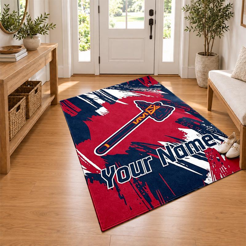 Atlanta Braves Custom Name Personalized Rug Non‑Slip Doormat Floor Carpet Housewarming Birthday Gift for Family Friends