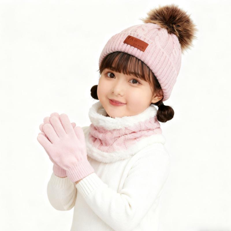 Осенне-зимний набор для детей: шапка с помпоном, шарф и перчатки – Европейский и американский стиль Small розовый