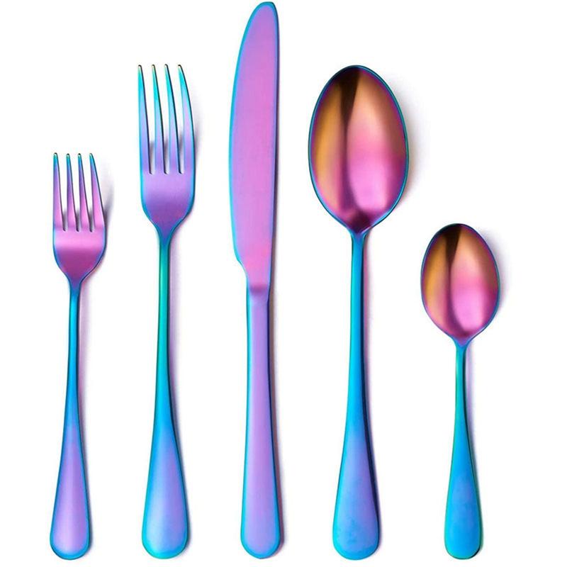 5 Pieces Tableware Sets Stainless Steel Cutlery Spoon Fork Knife Set Gold Cutlery Rainbow Dinnerware Set