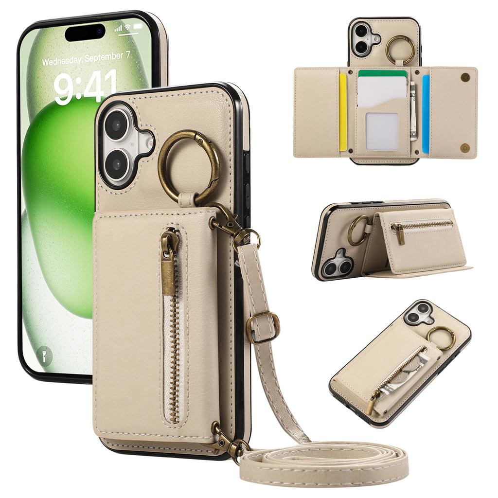 For iPhone 16 Leather Back Cover Zipper Wallet Kickstand Phone Case with Shoulder Strap