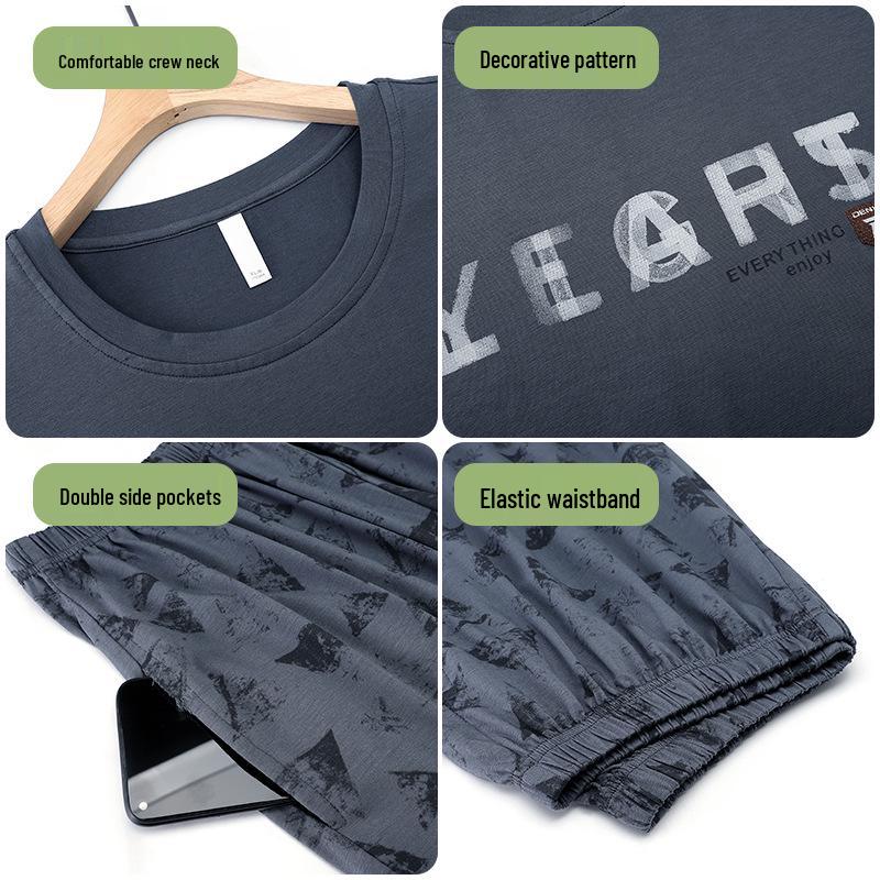 Men's Modal Cotton Pajama Set: Cooling Summer Short Sleeve Top & Long Pants, Luxurious Outdoor-Ready Comfort.