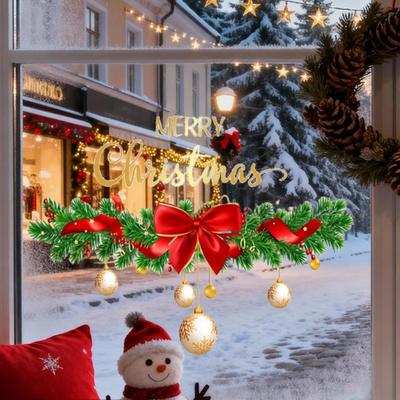 Christmas Window Sticker Wreath Decals Large Celebration Xmas Party Christmas Wall Clings for Parties Home Office Glass Bar