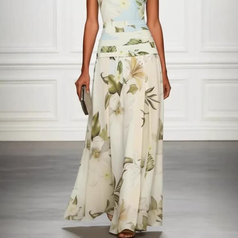 European and American summer 2026 sexy v-neck retro flower print women's dress sleeveless backless waist dress