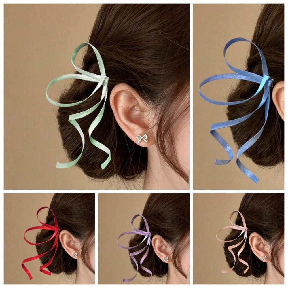 1 Pair Silky Satin Ribbon Bow Barrettes Flowing Side Hair Clip Chinese Bow Hairpins Wedding