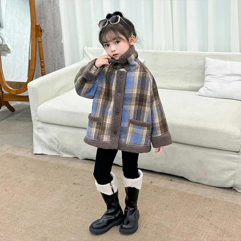 Girls Winter Plush Plaid Velvet Jackets Kids Thickened Cute Fleece-lined Clothes