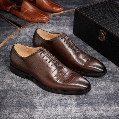 Fashion Men's Formal Wedding Shoes Lace-Up Pointed Toe Oxford Genuine Leather Crocodile Print Party Business Dress Shoes