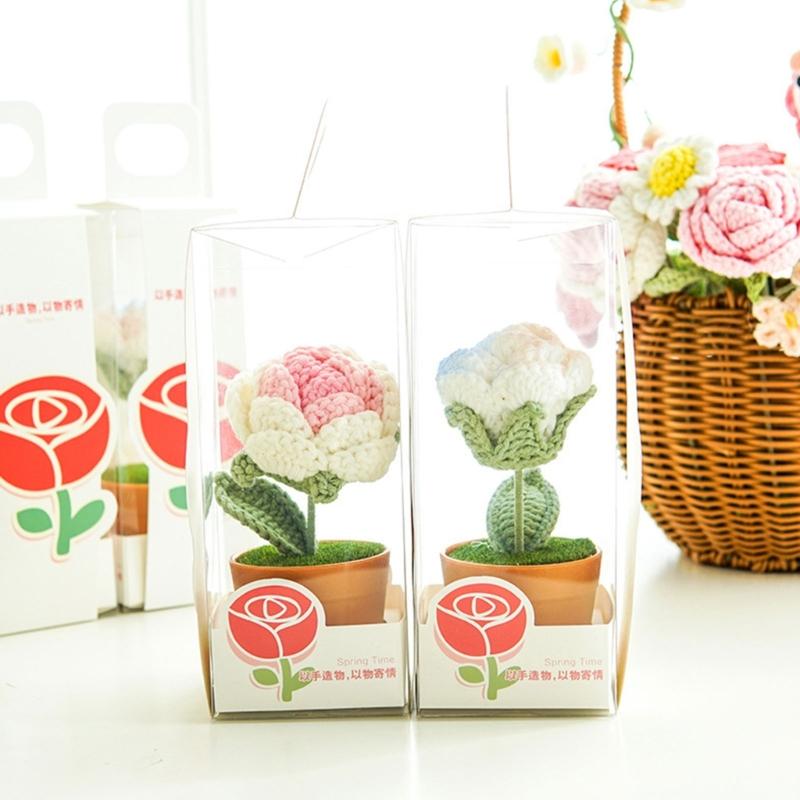 Handmade Woven Flower Potted Artificial Knitted Crochet Tulips Plant Ornaments DIY Material Home Desktop Wedding Decor