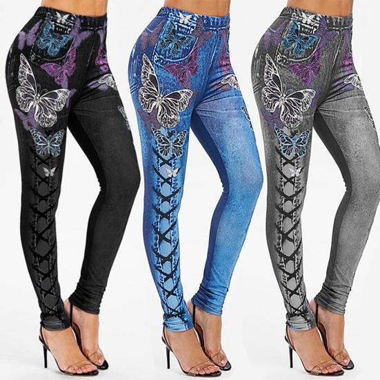 Kadın Yüksek Bel Kelebek Baskılı Bağcıklı Pantolon Esnek Koşu Spor Pantolonu
