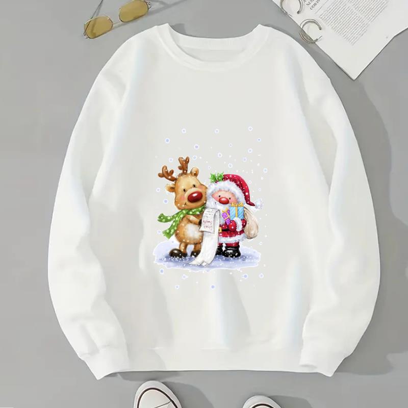 

(Азиатский размер) Веселый рождественский принт, праздничный принт, милый картонный фестиваль, модные повседневные пуловеры, новогодняя женская одежда, толстовки с графикой