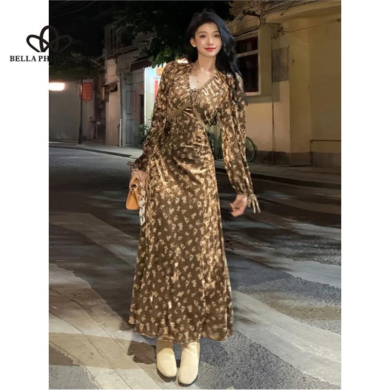 Französischer Stil, Vintage-Stil, sanfter Druck, langes Kleid mit Schnürung, lange Ärmel, Samtkleid, Blumenmuster, V-Ausschnitt, schickes, schmal geschnittenes Kleid