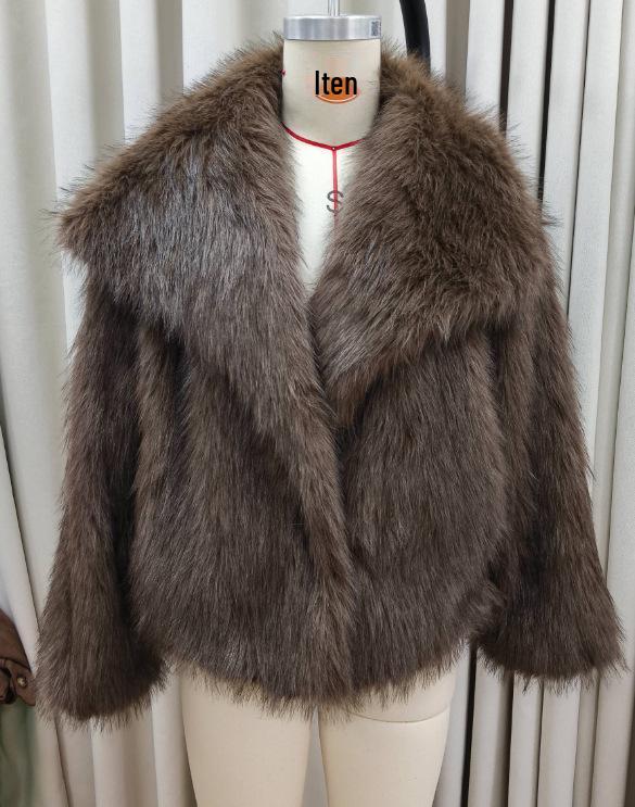 Kaffee Plüsch Kunstpelzmantel mit großem Revers - Warm, modisch, lockere Passform für Herbst/Winter