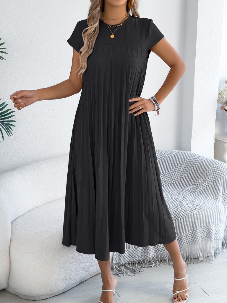 women's Round Neck Cap Sleeve Pleated Maxi Dress Loose Fit Pocket Casual Summer Long Dress