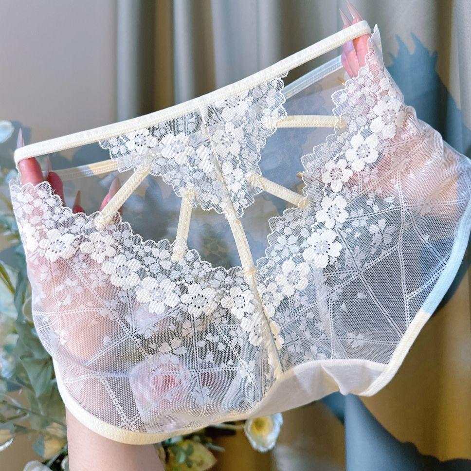Ladies Summer New Light Luxury Sexy Sweet Lace Mesh Transparent High Waist Breathable High Waist Triangle Briefs XL